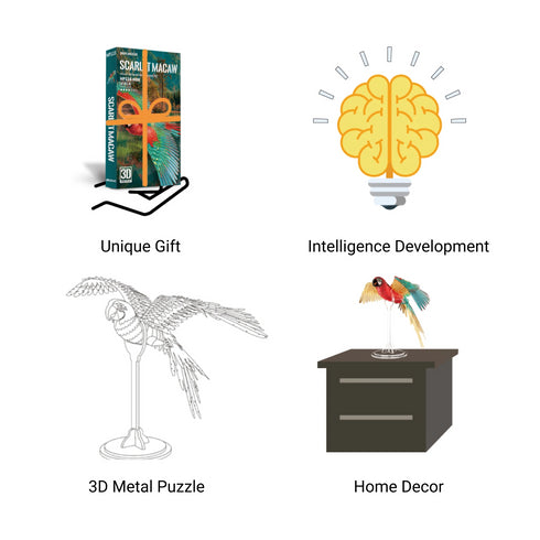 3D Mini Scarlet Macaw Metal Puzzle w/ Acrylic Base, 83PCS