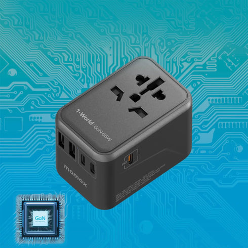 MOMAX™ 65W GaN Universal Travel Power Adapter for 224 Countries Charging Plug Cellphone Mobile Charger