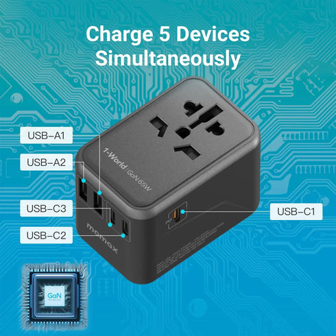MOMAX™ 65W GaN Universal Travel Power Adapter for 224 Countries Charging Plug Cellphone Mobile Charger