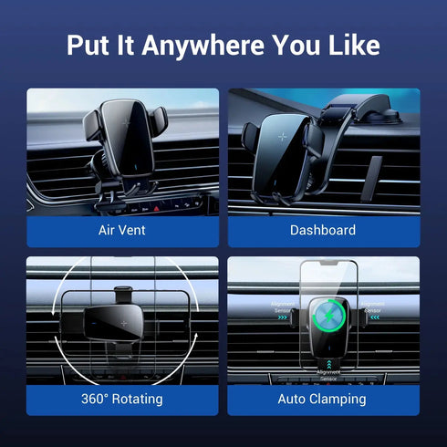 2-in-1 15W Auto Clamping Wireless Car Charger and Phone Holder