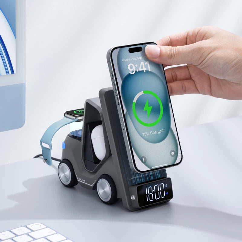 Forklift Inspired 3-in-1 Wireless Charging Station with Clock & Ambient Light