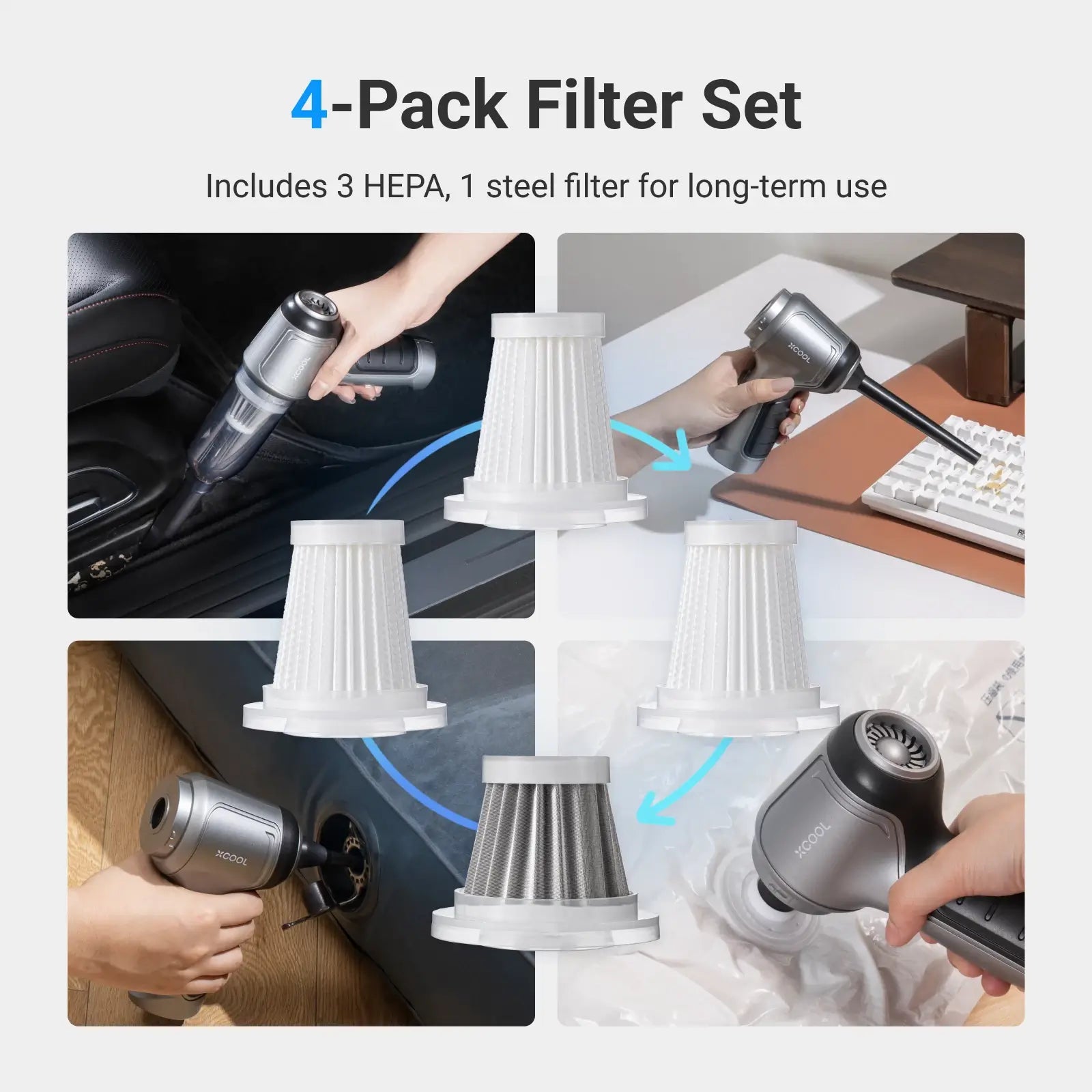 xCool Washable Vacuum Filter Replacement, Includes 3 HEPA & 1 Steel Filters